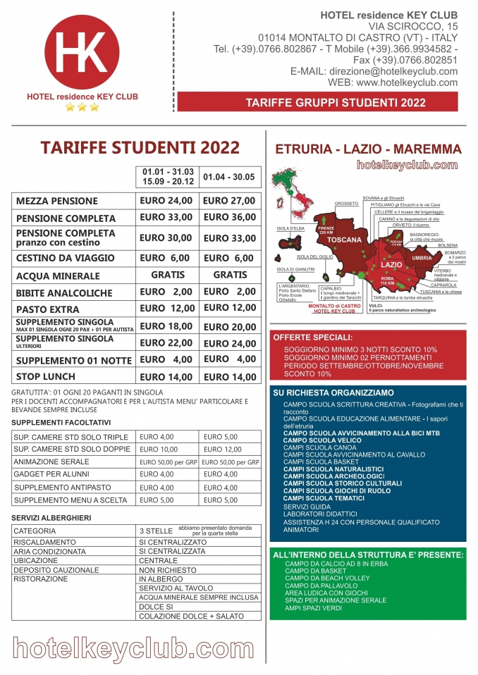 speciale TARIFFE GRUPPI STUDENTI 2022 - Hotel Residence Key Club
